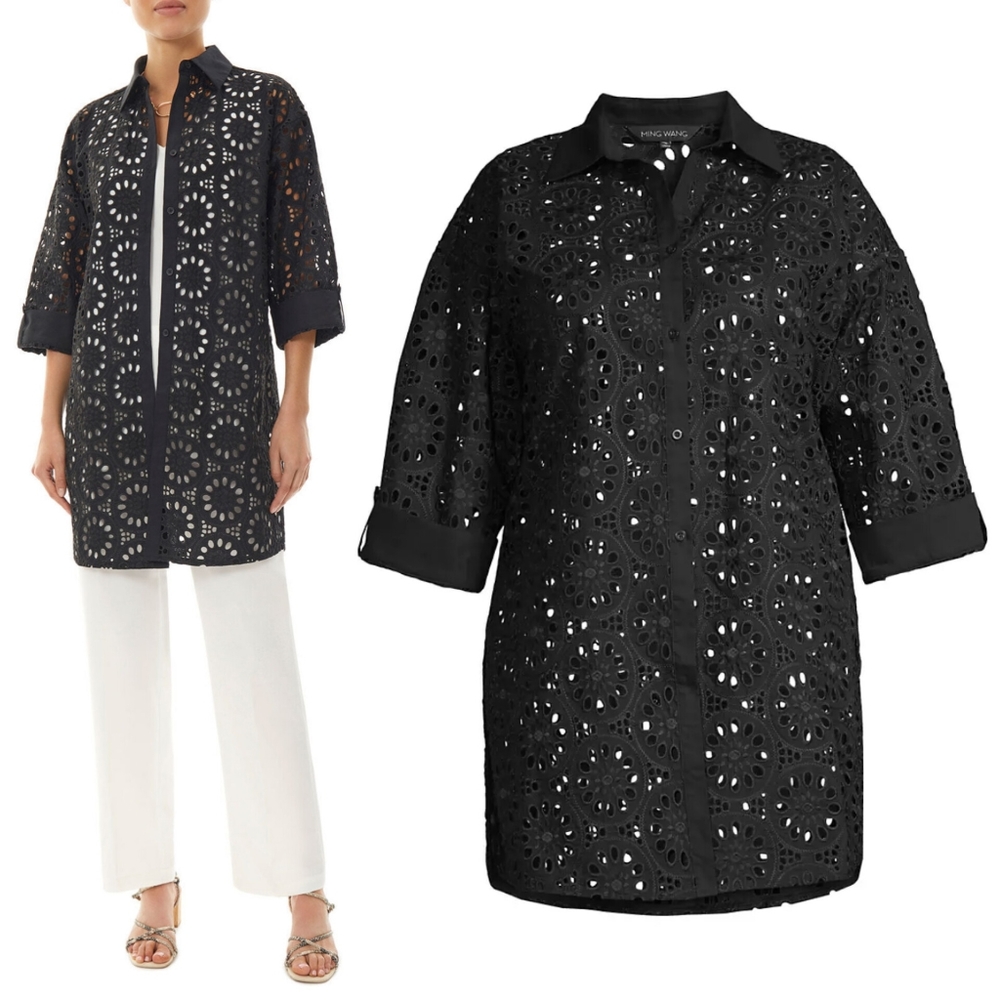NWT Ming Wang lace floral eyelet 3/4 roll sleeve tunic top cardigan lagenlook